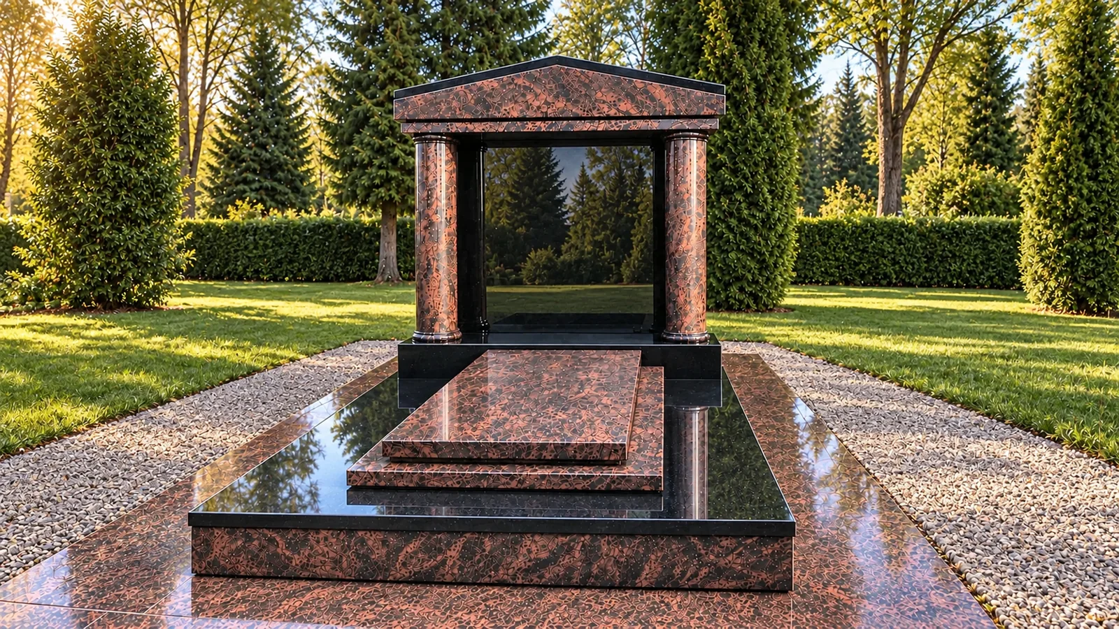 Hrobka z červené žuly se sloupky