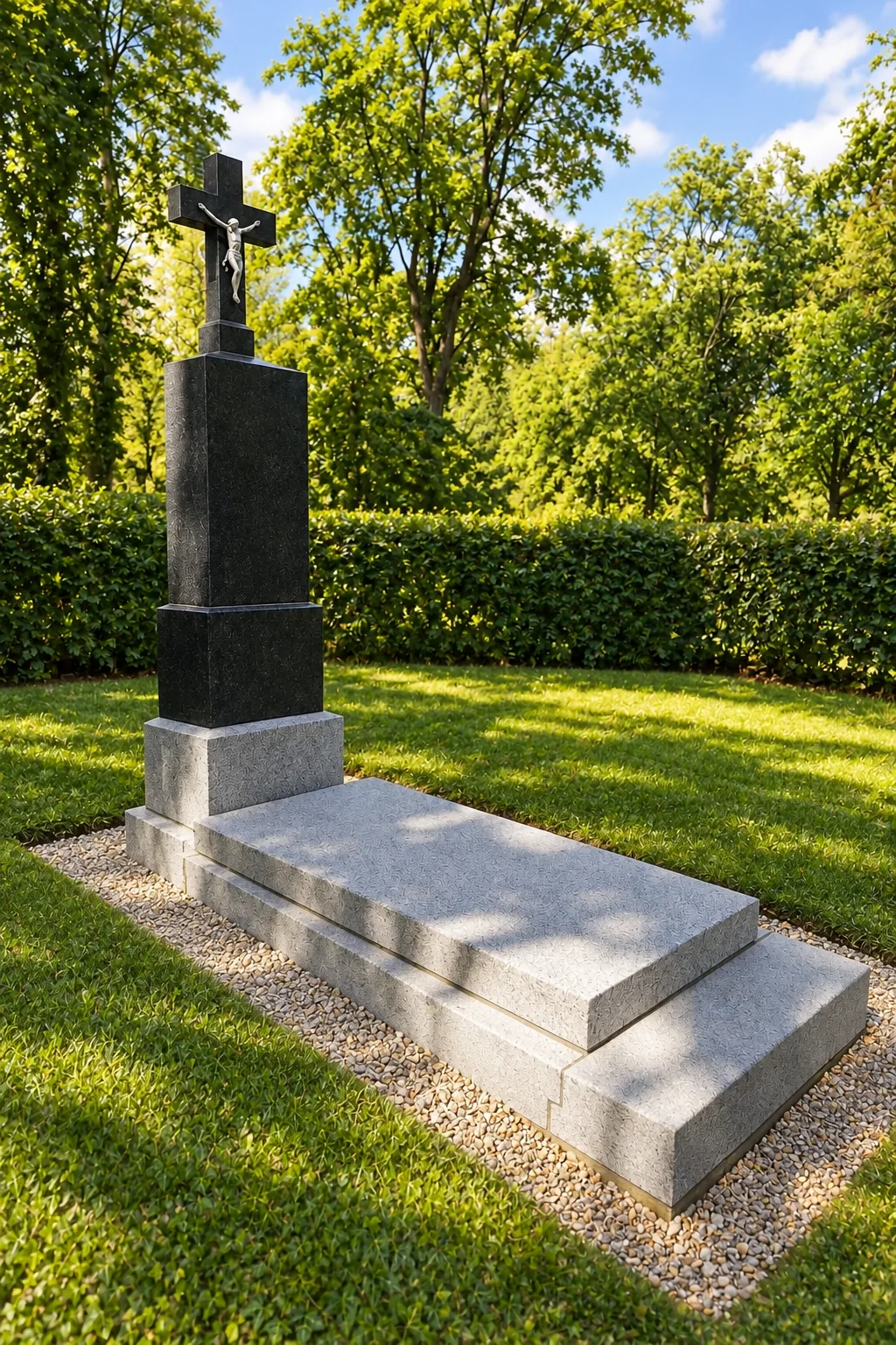 Světlý náhrobek ve stínu stromů