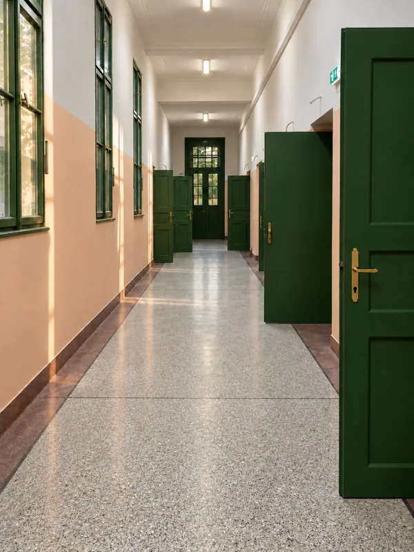 Psychiatrická nemocnice Bohnice – leštěná teracová podlaha
